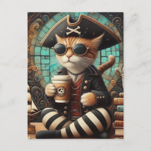 Carte Postale Cute Pirate Cat avec Café