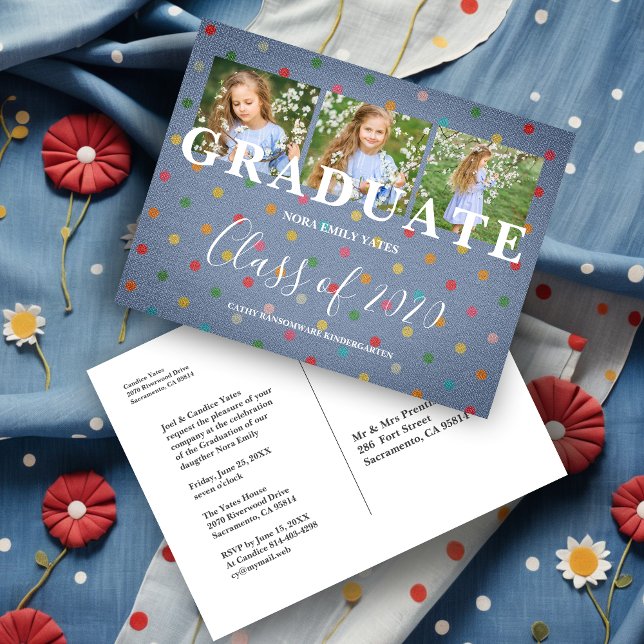 Carte Postale Cute Pois Pré-K 3e année Photos Denim Fabric (Polka Dots Pre-K Graduate Three Photos Textile Texture Graduation Invitation Postcard.)