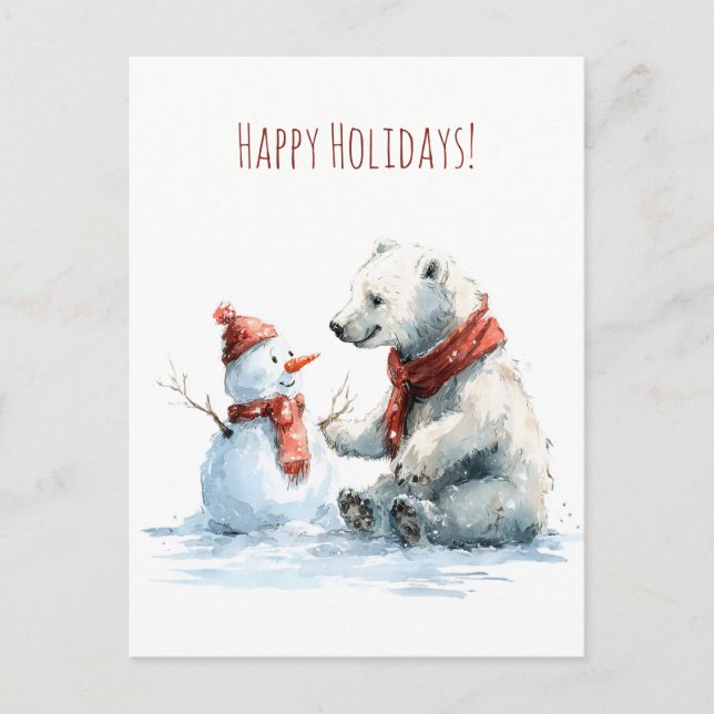 Carte Postale Cute polar bear build a snowman, Christmas  (Devant)