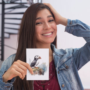Carte Postale Cute Puffin sur une roche aquarelle