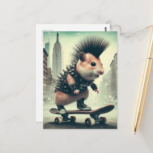 Carte Postale Cute Punk Skateboard Hamster style années 1980 (Devant/Arrière en situation)