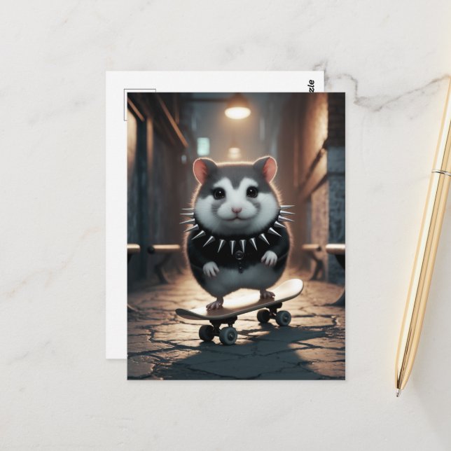 Carte Postale Cute Punk Spike Collar Skateboard Hamster (Devant/Arrière en situation)