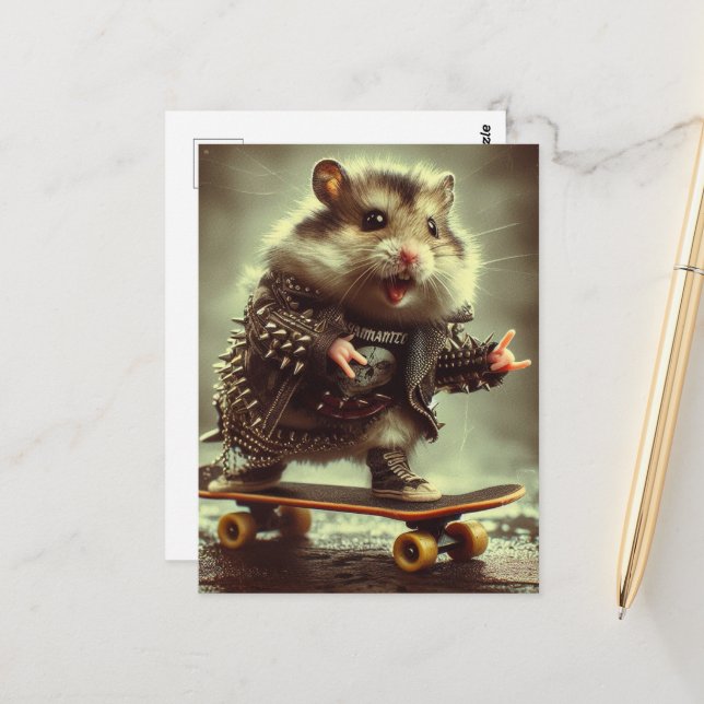 Carte Postale Cute Punk Spike Veste Skateboard Hamster (Devant/Arrière en situation)