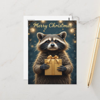 Carte Postale Cute Raccoon Christmas Cozy Winter Holiday 