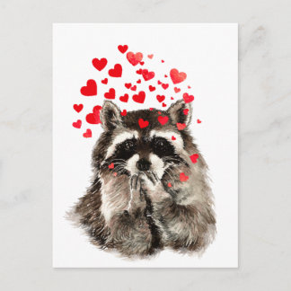 Carte Postale Cute Raccoon souffler Baisers Amour Coeurs