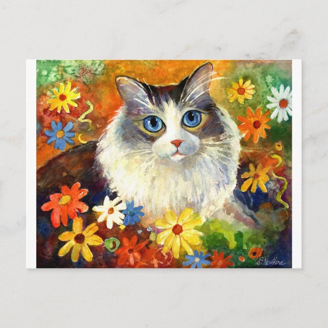 Carte Postale Cute Ragdoll Chat avec fleurs (Devant)
