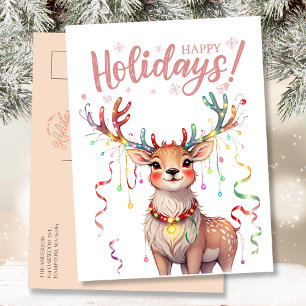 Carte Postale Cute renne aquarelle et lumières de Noël