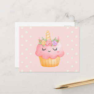 Carte Postale Cute rose Cupcake Unicorn avec Rose