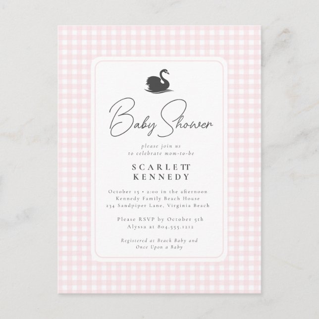 Carte Postale Cute Rose En vichy Swan Baby shower simple (Devant)