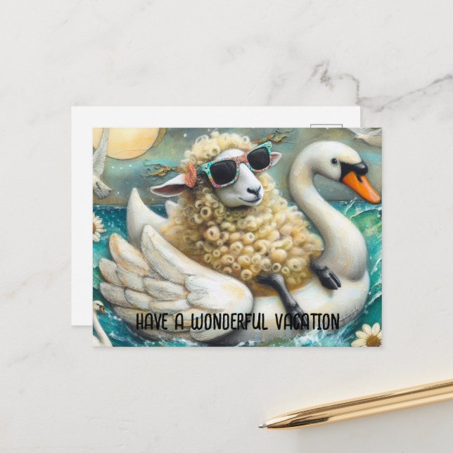 Carte Postale Cute Sheep Swan Floatie Avoir un merveilleux séjou (Devant/Arrière en situation)