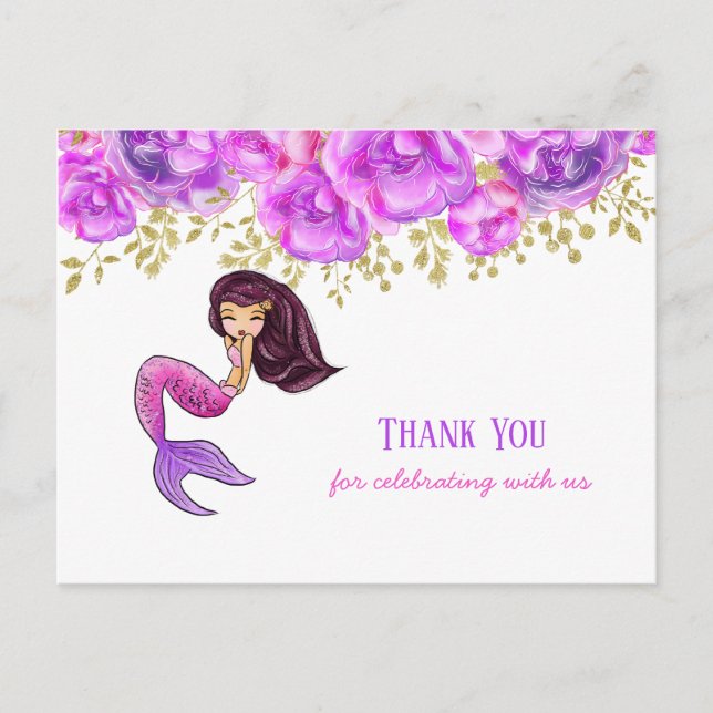 Carte Postale Cute sirène | Pies roses Merci floral (Devant)