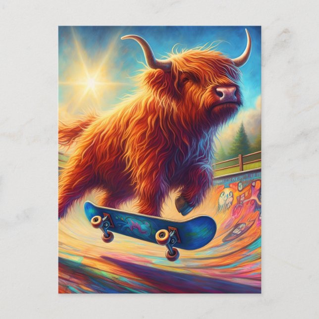 Carte Postale Cute Skateboard Highland Cow (Devant)