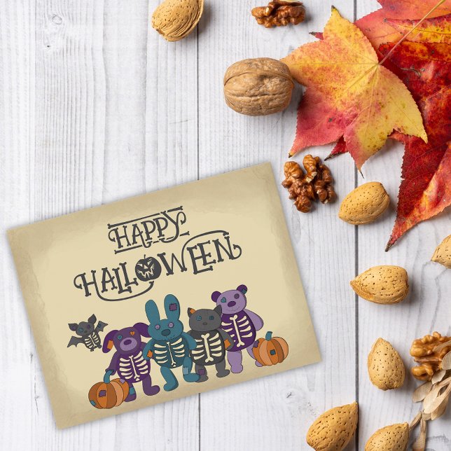 Carte Postale Cute Skeleton Animaux et Halloween Citrouille (Créateur téléchargé)