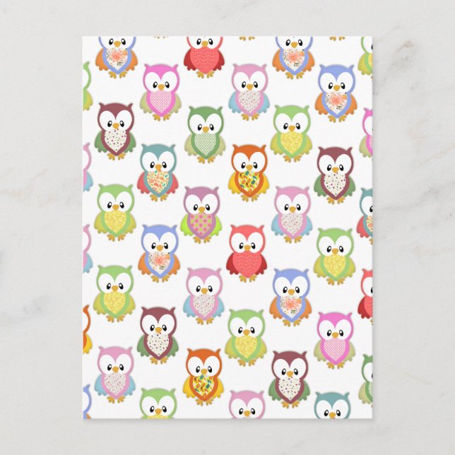 Carte Postale Cute soft colourful owls different chest patterns (Devant)