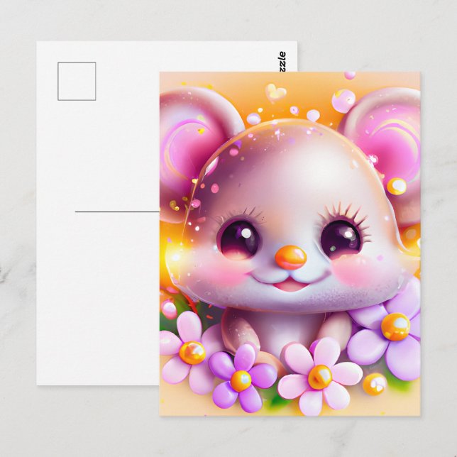Carte Postale Cute souris rose Kawaii (Devant / Derrière)