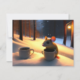 Carte Postale Cute souris se réchauffer avec du café