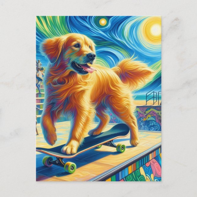 Carte Postale Cute Surreal Golden Retriever Skateboard (Devant)