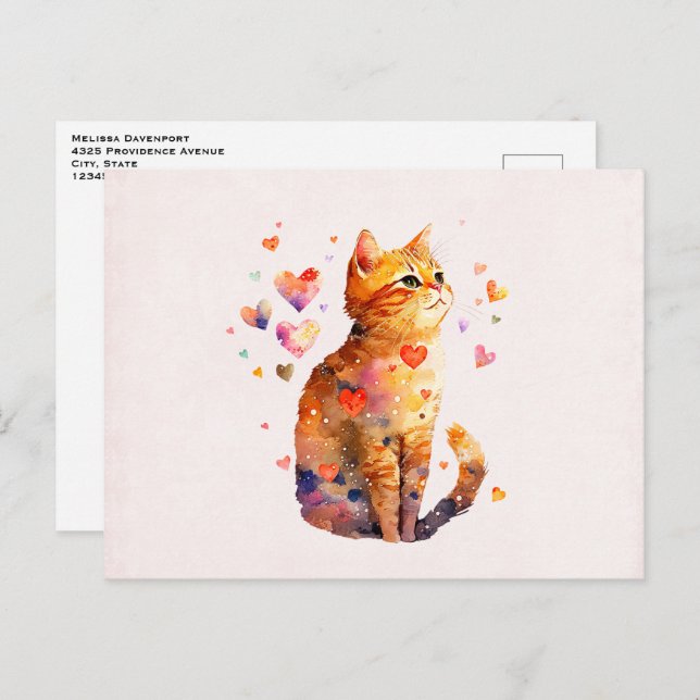Carte Postale Cute Tabby Chat avec Coeurs (Devant / Derrière)