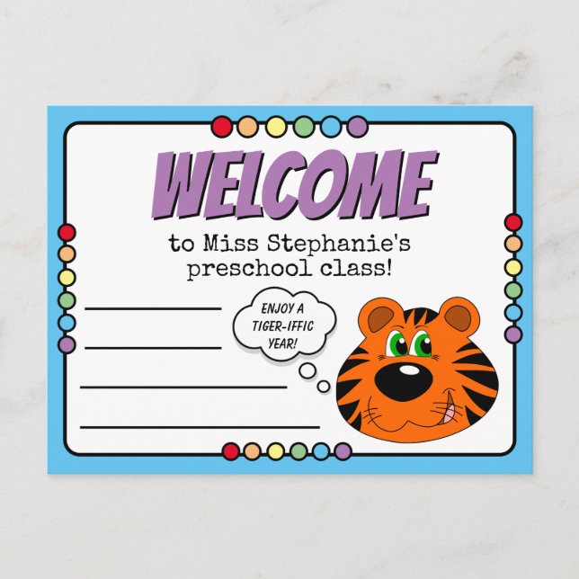 Carte Postale Cute Tiger Et Arc-En-Ciel Primaire Bienvenue En Cl (Devant)