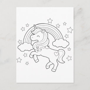 Carte Postale Cute Unicorn Rainbow Cloud Stars Activité de color