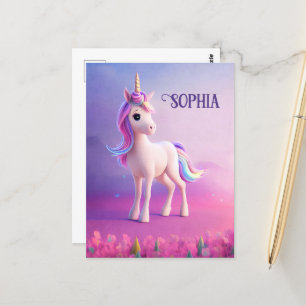 Carte Postale Cute Unicorne Blanche Avec Rose & Bleu Mane