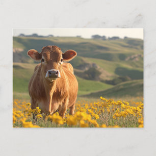 Carte Postale Cute Vache Laitière Jaune Fleurs sauvages