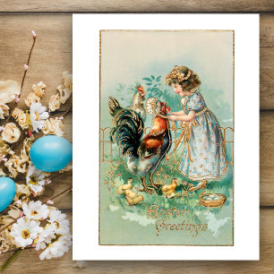 Carte Postale Cute Vintage Easter Greetings, Farm Girl and Hens