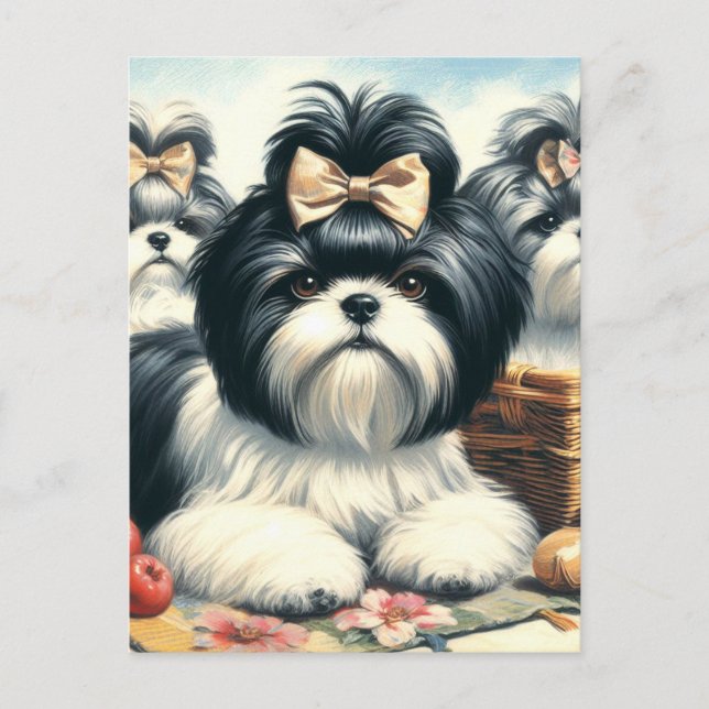 Carte Postale Cute Vintage peinture Shih-Tzu (Devant)