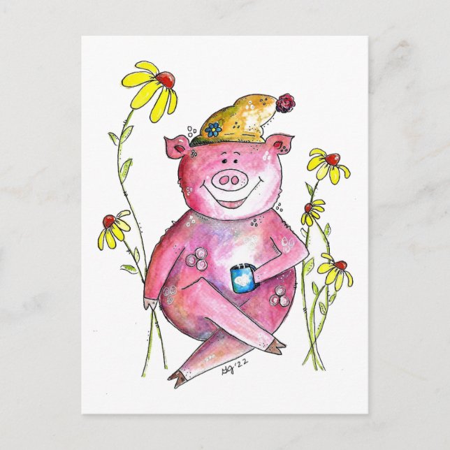 Carte Postale Cute Whimsical Cochon Boire Café (Devant)