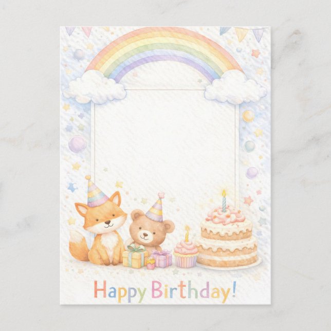 Carte Postale Cute Woodland Animals Birthday Card with Rainbow (Devant)