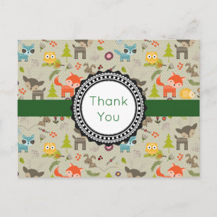 Carte Postale Cute Woodland Animaux & Fleurs Motif Merci