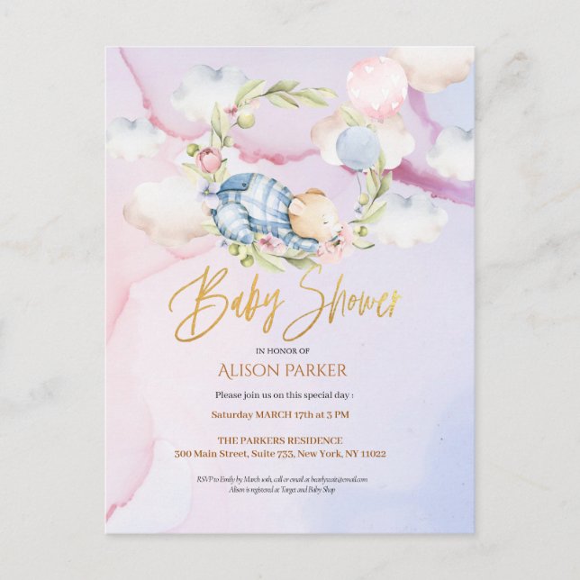 Carte Postale Cute Woodland Teddy Bear Boy Baby shower Invitatia (Devant)