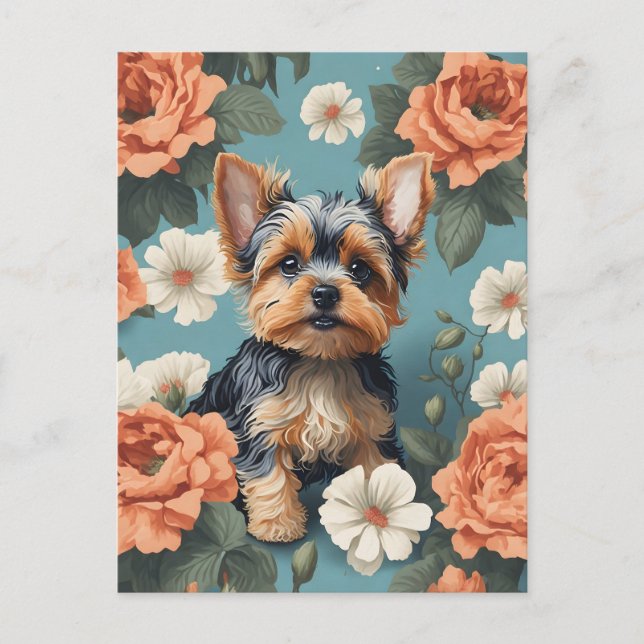 Carte Postale Cute Yorkshire Terrier Puppy Floral (Devant)