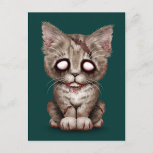 Carte Postale Cute Zombie Kitten Chat sur bleu Turquoise
