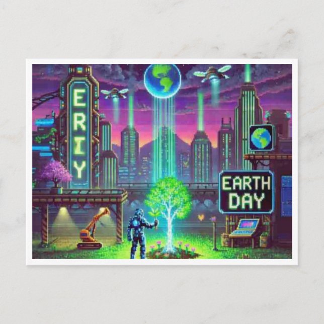 Carte postale Cyberpunk Jour des terres 16 bits Pi (Devant)