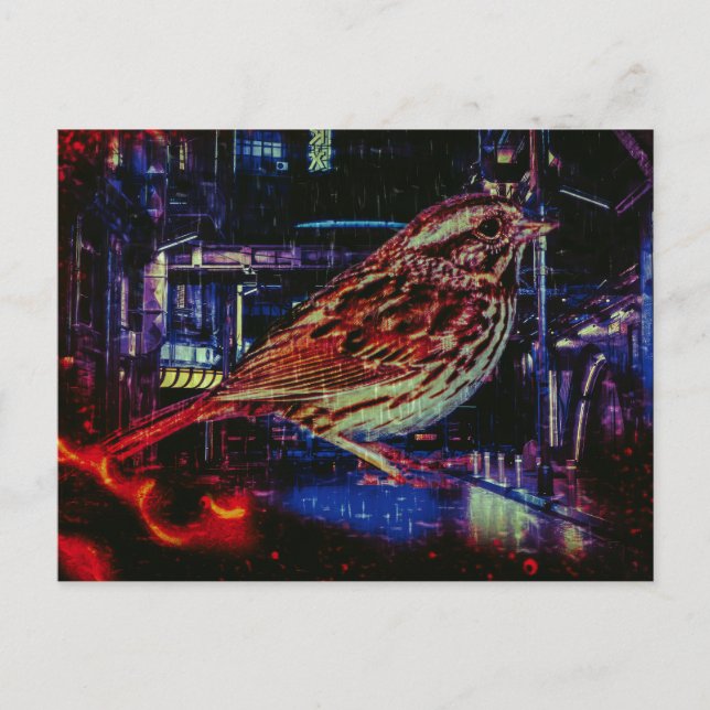 Carte Postale Cyberpunk Sparrow dans Neon Cityscape (Devant)