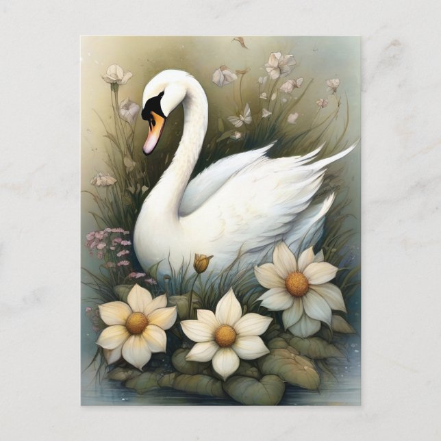 Carte Postale Cygne aux fleurs (Devant)