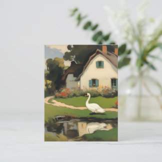 Carte Postale Cygne blanc debout devant un chalet