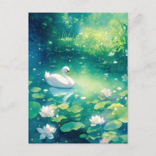 Carte Postale Cygne blanc élégant dans un étang de lys lumineux
