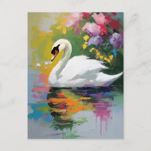 Carte Postale Cygne gracieux au milieu de fleurs vives