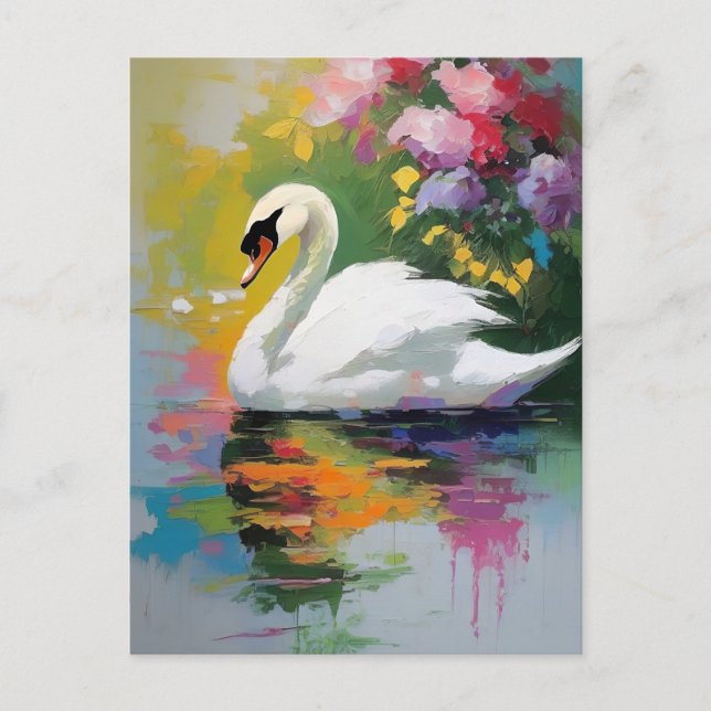 Carte Postale Cygne gracieux au milieu de fleurs vives (Devant)