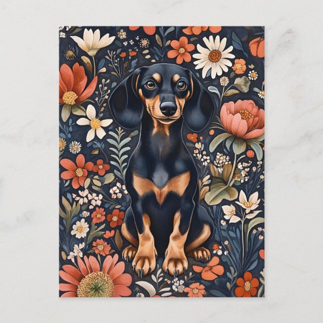 Carte Postale Dachshund Adorable Entouré De Fleurs Vibrantes (Devant)