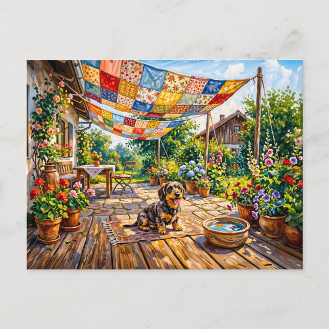 Carte Postale Dachshund assis sous un jardin coloré en patchwork (Devant)