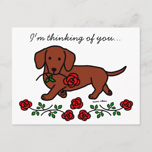 Carte Postale Dachshund et un dessin animé sur les fleurs (Devant)