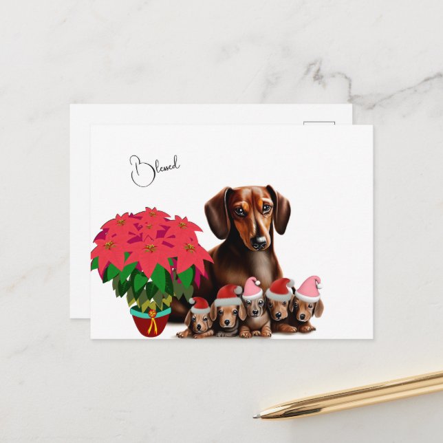 Carte Postale Dachshund Mama et chiots Noël (Devant/Arrière en situation)