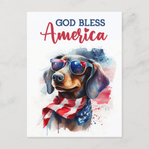 Carte Postale Dachshund Patriotique, Dieu Bénisse l'Amérique Car