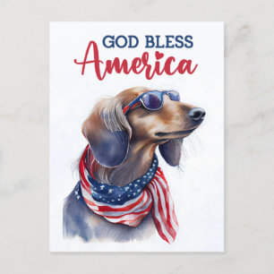 Carte Postale Dachshund Patriotique, Dieu Bénisse l'Amérique Car