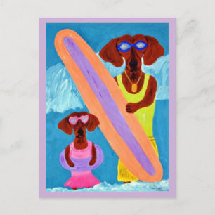 Carte Postale Dachshund surfeur avec chiot