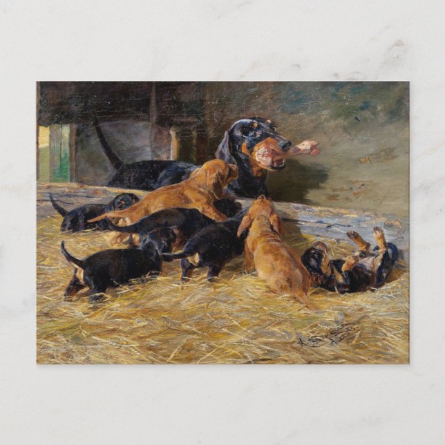 Carte Postale Dachshunds avec chiots dans l'écurie Hermine Biede (Devant)