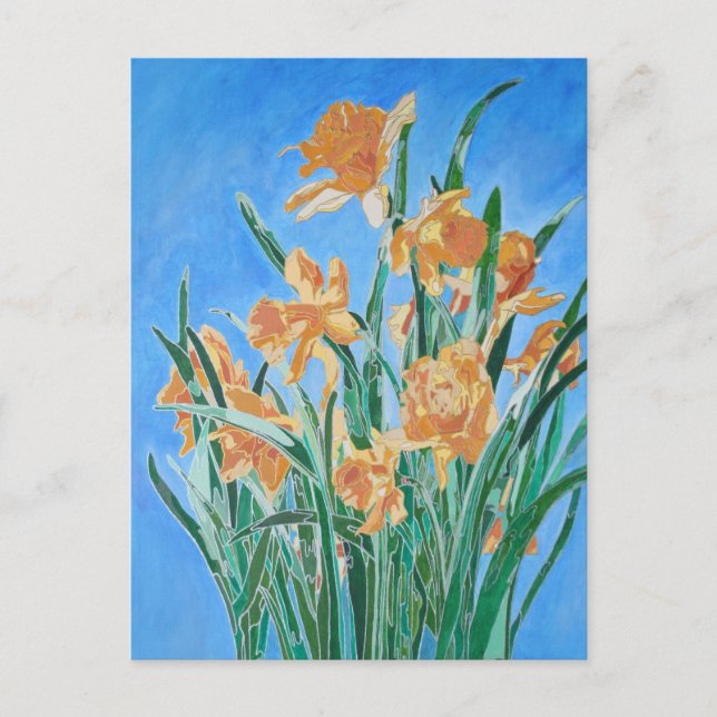 Carte Postale Daffodiles d'or en fleurs Gras Line Art (Devant)